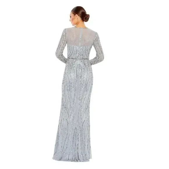 NWT Mac Duggal 5644 Embellished Illusion High‎ Neck Long Sleeve Gown Platinum 14 - Picture 5 of 8